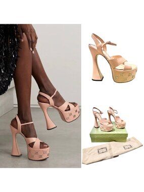 NIB Gucci Janaya Platform Sandals Pink GG Studded Heels EU 40 US 10